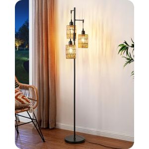 EDISHINE Lampadaire sur Pied Salon avec Abat-jour en Corde Tissée, Dimmable en Continu par Bouton Rotatif, 3 Ampoules LED 4W de 2700K Blanc Chaud Incluses, Lampe sur Pied Boho pour Chambre, Salon (DewenwilsDirect, neuf)