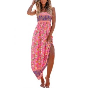 CUPSHE Robe longue d'&eacute;t&eacute; &agrave; smocks pour femme - Sans manches, avec bretelles spaghetti et volants - Longue robe de plage formelle, rose fuchsia, Taille M (CUPSHE FR, neuf)