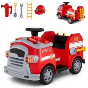 COSTWAY 12V Camion de Pompiers Électrique Enfant avec Musique & Alarme & Klaxon, Voiture Électrique avec Volant & Pédale, 5 Accessoires, 2-4km/h, Charge 25kg pour Enfant de 3-8 Ans (Rouge) (FDS GmbH, neuf)