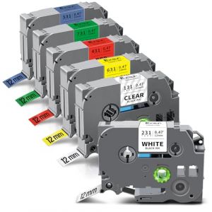 Exsun 6x Compatible pour Brother TZe-231 TZe-131 TZe-431 TZe-531 TZe-631 TZe-731 Tz 12mm Ruban pour Brother PT H105 H107B P710bt H100LB E110 H100R D210 H200 H110 D400 1000 D200 D600VP (Exsun-EU, neuf)