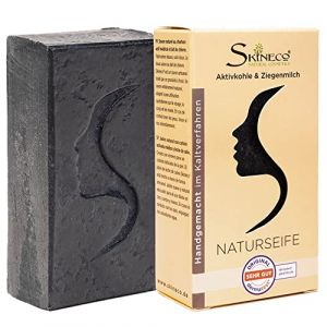 Skineco Savon naturel durable au lait de ch&egrave;vre avec charbon actif - Savon noir - Savon contre les peaux grasses - Savon pour le corps - Cosm&eacute;tique naturel fait &agrave; la main - Nettoyage du visage (Skineco, neuf)