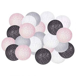 Hiser Guirlande Lumineuse Boules Coton, Batterie Chaîne de Lumière 6cm Boules Coton LED Cosy Romantique Décoration pour La Saint Valentin Noël Mariage Fêtes (4.5M-30LED,Rose Gris Noir) (Hiseng, neuf)