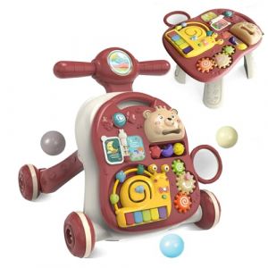 KalaDuck Trotteur et Table Activité Bébé 3 en 1, Chariot de Marche avec Centres D'activités Multifonctionnels Détachables, Marcheur à Pousser Assis-Debout, Jouets Musical Pour Bébé (Rouge Foncé) (XUANYU LTD, neuf)