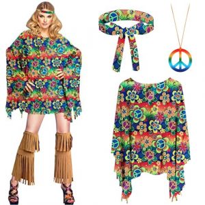 Deguisement Hippie Femme, Deguisement Disco Année 60 70 80, Accessoires Hippie Femme Poncho, Bandeau, Collier De Paix Set, Drole Costume Hippie Et Disco Carnaval Cosplay Tenue Accessoire Ensemble (JNDMYCAL, neuf)