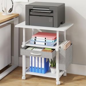OYRREU Support Imprimante 3 Niveaux R&eacute;glable sur roulettes | Meuble pour Imprimante avec Tiroir et Sac Lat&eacute;ral | &Eacute;tag&egrave;re Bureau 56x38 cm pour Scanner, Fax, Imprimante 3D | Blanc (EN-HOME, neuf)