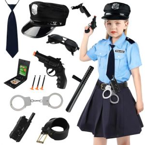 Deguisement Policier Enfant, 13PCS Costume Policier Deguisement Fille,Costume de Police Chemise,Jupes,Chapeau,Cravate,Ceinture,Menotte,Lunettes,Talkie-Walkie,Pistolets Jouets Pour Carnaval Halloween (xinmaike, neuf)