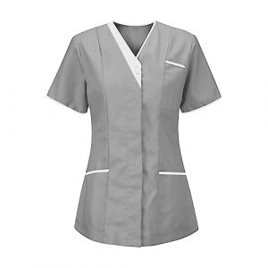 Tunique Médicale Femme Col en V Blouse Medicale Femme Banche Manche Courte Uniforme de Travail Blouse Infirmiere Uniforme Femme Esthéticienne Femme Professionnelle D'infirmière Uniforme de Travail (⭐⭐⭐⭐⭐Zeiayuas(5-15 jours Arrivé), neuf)