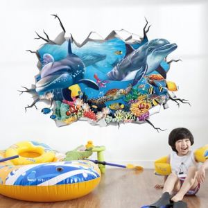 decalmile Stickers Muraux 3D Sous la Mer Dauphin Autocollant Mural Oc&eacute;an Marine Poisson Tortue Algues D&eacute;coration Murale B&eacute;b&eacute; P&eacute;pini&egrave;re Salle de Jeux Salle de Bain (DecalMile Direct, neuf)