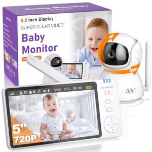 OBVHNUA Babyphone Camera 5 Pouces Babyphones Bebe Video 720P HD Écran Moniteur Bébé avec Pan-Tilt Vision Nocturne 2X-4X Zoom Mode VOX Interphone 8 Berceuses 5 Réveils Température Temps (AWI CAPIUIAL LIMITED s, neuf)