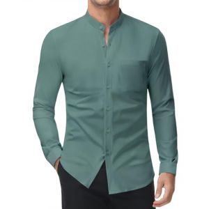 DEMEANOR Chemise stretch sans col pour homme - Manches longues - Col montant - Chemise d'affaires - Coupe ajustée - Chemise de loisirs, vert, XL (DEMEANOR-EU, neuf)