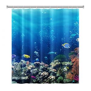 SDOTPMT 165x183cm Oc&eacute;an Tropical Poisson Rideau de Douche sous-Marin Mer Animal Corail R&eacute;cif Rideau de Bain &Eacute;t&eacute; Bleu Oc&eacute;an Rideau de Baignoire pour Enfants Salle de Bains Polyester avec Crochets (SDOTPMT, neuf)