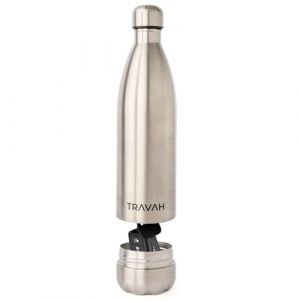 Bouteille d'eau de d&eacute;rivation avec fond cach&eacute; pour objets de valeur, capacit&eacute; de liquide de 500 ml et compartiment de rangement sec, sac isotherme sous vide en acier inoxydable inclus (Argent) (Travah UK, neuf)