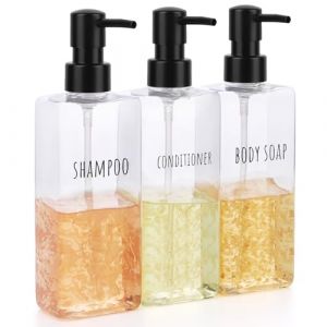 Segbeauty Distributeur Savon, 3 Pi&egrave;ces 500ml Distributeur Shampoing et Gel Douche, Distributeur Savon Salle de Bain en Plastique, Distributeur Shampoing avec &Eacute;tiquette Imprim&eacute;e (Transparent) (Seg-Beauty, neuf)