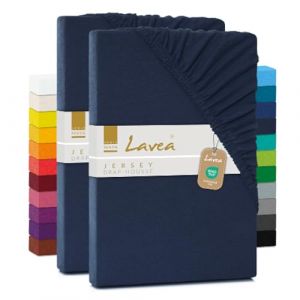 Lavea® Lot de 2 Draps-Housses Maya – Jersey 100% Coton – pour Lits Standard, Boxspring, à Eau ou avec Surmatelas – avec élastique – Oeko-TEX® – Respirants (Bleu Galaxie, 180x190-200x200cm) (B&D Textiles, neuf)