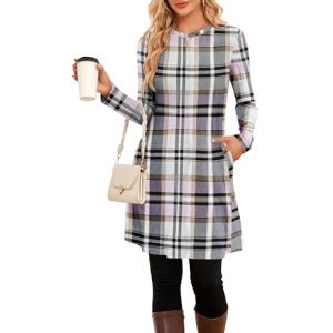 NARRAME Robe Pull d'hiver pour Femme mi-Longue &agrave; Manches Longues Boutons d&eacute;contract&eacute;s sur Le c&ocirc;t&eacute; Tunique avec Poches Moyen Vichy Rose et Jaune (SENBATU NARRAME-FR, neuf)