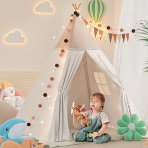 BlueWood Tente tipi pour enfant avec couverture rembourrée, guirlande lumineuse, sac de transport, style Montessori - Marron (LESGE GRPO, neuf)