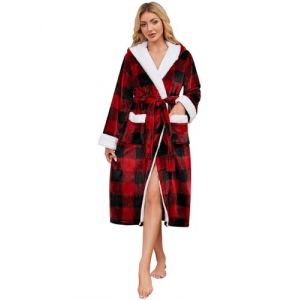 Yuson Girl Peignoirs Robe de Chambre Polaire pour Femme Homme Longue Peignoir de Bain &agrave; Capuche en Polaire Douce Unisexe Cravate Taille Robe de Chambre Peignoir avec Poches(Losange-Rouge vin, M) (YusonGirl, neuf)