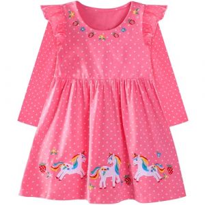 FILOWA Robe pour Fille Coton Manches Longues Robes Printemps Enfant Licorne Fleur Fraise Broderie Tenue Douce Animaux Polka Dot Imprim&eacute; Mariage Anniversaire F&ecirc;te Mode V&ecirc;tements 5-6 Ans, Rouge (FILOWA, neuf)