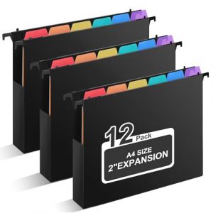 Uquelic Lot de 12 Dossiers Suspendus A4 avec Onglets et Couleur Intercalaires, Extensible 5 cm, Dossier Suspendu Grande Capacit&eacute; en Plastique pour Meuble Dossier Suspendu, Bureau, Maison (Desremit, neuf)