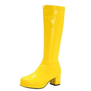 Bottes en cuir verni pour femme au genou, bottes &agrave; talon &eacute;pais &eacute;l&eacute;gantes, couleur rouge vif brillant, talon bloc confortable, bottes en Pvc imperm&eacute;ables &agrave; la mode pour un look audacieux, jaune, 38 EU (Silver Clear Selection, neuf)