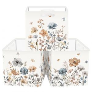 Clastyle Lot de 3 Boite Rangement Tissu Fleurs Sauvages Cube de Rangement Pliable Femmes Panier Kallax pour Salle de Bain,Marron,30x30x30 cm (Changtian_Im&Ex, neuf)