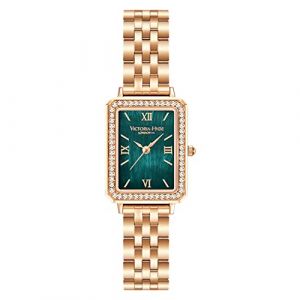 VICTORIA HYDE Montre rectangulaire pour femme - Cadran vert - Montre &agrave; quartz analogique avec bracelet en acier inoxydable, Dor&eacute;/vert &eacute;meral, formel (Victoria-Hyde, neuf)