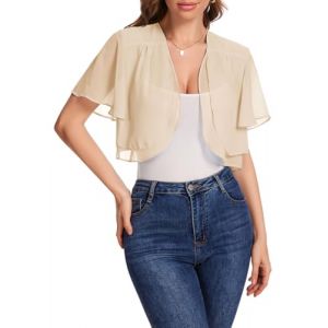 Bbonlinedress Boléro pour Femme Cardigan en Mousseline de Soie Elégant à Manches Courtes - Décontracté Veste Boléro Ouverte sur Le Devant Champagne XL (Bbonlinedress, neuf)