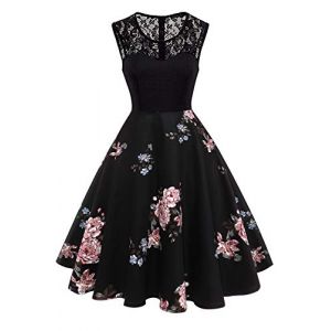 AXOE Femme Robe Vintage Ann&eacute;es 50 Pin Up Mi Longue en Coton et Dentelle Robe de C&eacute;r&eacute;monie Taille Empire pour Mariage, Cocktail & Soir&eacute;e Noir F4, Taille 46, XXL (AXOE-FR, neuf)