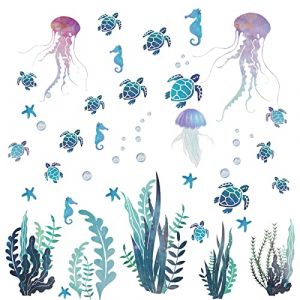Blmhtwo Lot de 2 stickers muraux pour chambre et salle de bain Motif herbe de mer, tortue, hippocampe, étoile de mer (BLMHTWO, neuf)