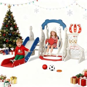 Toboggan pour Enfants, Toboggan ind&eacute;pendant pour Tout-Petits avec Panier de Basket, &eacute;quipement de Jeux, toboggans ext&eacute;rieurs pour Enfants (Bleu, Rouge-6 en 1) (BEE BALL LIMITED, neuf)