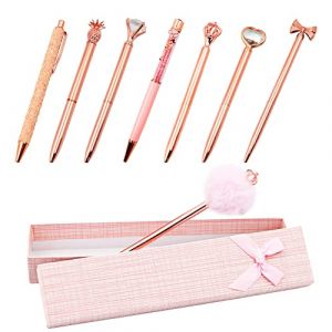 Boerni Lot de 8 stylos &agrave; bille or rose avec bo&icirc;te cadeau, stylos &agrave; paillettes, couronne en c&oelig;ur, diamant, stylo &agrave; bille Bowknot encre noire, stylos pour femme, fille, cadeau, maison, mariage, &eacute;cole (LaMure, neuf)