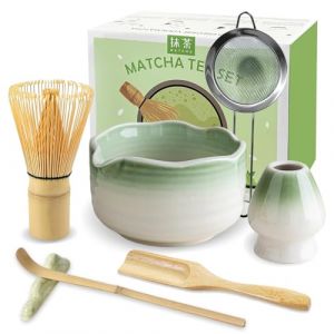 JBER Matcha Kit 7 Pi&egrave;ces, Matcha Set - Fouet &agrave; Matcha en Bambou, Bol &agrave; Matcha en C&eacute;ramique, Support pour Fouet, Cuill&egrave;re et Tamis, Kit Matcha pour C&eacute;r&eacute;monie du Matcha - D&eacute;grad&eacute; Vert Clair (Yicai Acoustic, neuf)