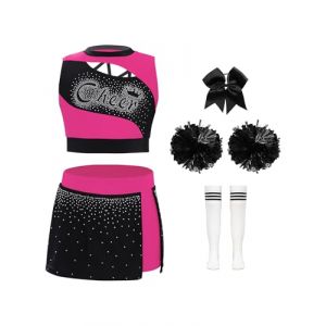 ranrann Enfant Fille D&eacute;guisement Pompom Girl D&eacute;guisement Uniforme avec Pompons Costume Carnaval Halloween Performance 3-16 Ans C Noir rose vif 13-14 ans (ranraneu, neuf)