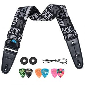 LEKATO Sangle Guitare, Bretelles Réglables 37"-62" avec Extrémité en Cuir, Guitare Brodée Ceinture en Coton pour Guitare Acoustique Electrique Basse, Verrous de Sangle/Médiators/Corde (BEI CAI -EU, neuf)