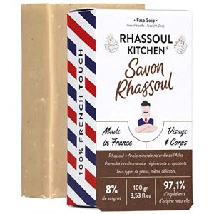 Savon solide artisanal au Rhassoul de Monsieur BARBIER | Visage & Peau | Français, naturel et végan | Purifie et détoxifie | À base d'Argile Rhassoul, de Beurre de Karité et d'Huile de Ricin | 100g (Monsieur Barbier, neuf)