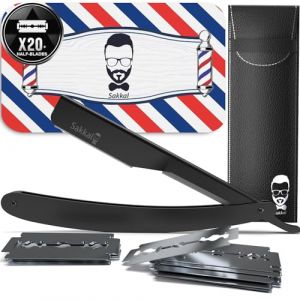 Rasoir &agrave; Barbe Coupe choux |20 Demi-Lames Etui Cuir de Transport |KIT rasoir de barbier manuel professionnel barber Visage classique Entretien a main pr&eacute;cision vintage Traditionnel coiffeur (NOIR 2) (SAKKAL STORE, neuf)