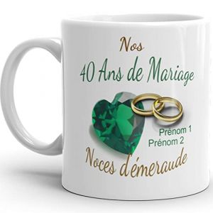 Mug anniversaire mariage 40 ans noces d'Emeraude personnalisable 2 pr&eacute;noms tasse personnalis&eacute;e Id&eacute;e Cadeau Originale Famille couple mari femme noel fete &eacute;poux &eacute;pouse (LBSR, neuf)