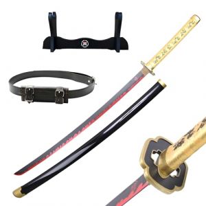 Hashiman - Katana Yoriichi Tsugikuni - Réplique Manga Sabre + Support Epée Bois + Ceinture - Catana Japonais Cosplay Décoration Jouet Enfant Adulte - Jeu Déguisement Deco Ninja (Hashiman, neuf)