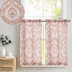TOPICK Lot de 2 Rideaux 65 x 60cm (L x H) Cuisine Imprimés Rameau d'Olivier Lin Rouge Vintage avec Motif Oriental Brise-Bise Petit Décoration de Fenêtre Café Salon Chambre (Audrey Home Fashion, neuf)