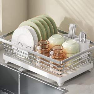 HSUYUN Seche Vaisselle sur Evier, Egouttoir Vaisselle Blanc Peu Encombrant, Egouttoir Vaisselle INOX, avec Porte-Baguettes et &eacute;gouttoir, pour Assiettes, Bols, Baguettes et Tasses (HSUYUN, neuf)