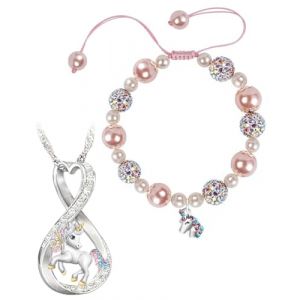 TOZBLEU 2pcs,Collier de Licorne,bracelet licorne,Pendentif Coeur Licorne,Pierre de Naissance Infini Pendentif Cadeau de Noël Cadeau de Anniversaire Cristal Bijoux Saint Valentin,pour les Filles Bijoux (lilidan, neuf)