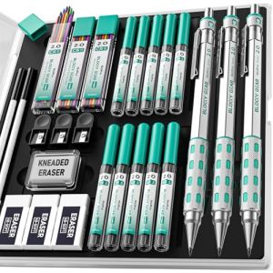 Nicpro Blocky Gear 2mm porte mine en coffret, 3 pièces criterium en métal avec 13 mines de 2mm (HB 2B 2H 4B 4H 6B & couleurs), gommes pour menuisier, écriture, dessin, ébénisterie (NicproShop EU, neuf)