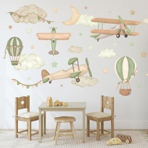 Wally Fox Stickers Muraux Enfants – Autocollants Décoratifs - Non Toxique, Sûr, de Haute Qualité – Déco Chambre – Avions, ballons, étoiles, nuages, vert - XL - 34pcs (Mini Dekor, neuf)