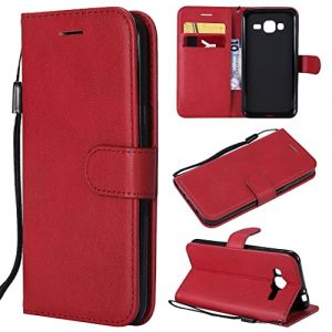 SATURCASE Coque pour Samsung Galaxy J3 / J3 2016, Classique PU Cuir Magnétique Flip Portefeuille Support Porte-carte Protecteur Housse Étui avec Dragonne pour Samsung Galaxy J3 / J3 2016 (XD-Rouge) (SATURCASE-EU, neuf)