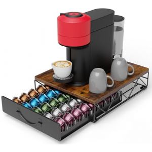 Support &agrave; capsules pour Nespresso Vertuo, range-capsules avec plateau effet bois, distributeur de capsules silencieux et antid&eacute;rapant pour 60 capsules Vertuo, tiroir &agrave; capsules en m&eacute;tal (You-and-Me, neuf)