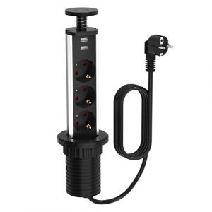 Meisax Multiprise Encastrable Bloc avec 3 EU Prises 2 USB Diamètre 60mm Câble 1,8m, Prise Escamotable Plan de Travail pour Cuisine Bureau Chambres Salon (Noir) (YDmeitu, neuf)