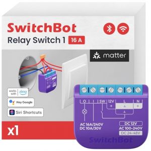SwitchBot Relais interrupteur 1, Module de relais interrupteur avec Répéteur Bluetooth, Interrupteur Wi-Fi&Bluetooth Fonctionnant avec Alexa/Apple Homekit/Google Home, 2.4GHz 16A (SwitchBot, neuf)