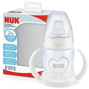 NUK Tasse apprentissage First Choice+ - 150 ml - Bec verseur en silicone imitant le sein et poignées - Anti fuite - 6-18M - Anti-colique - Contrôle de la température - Sans BPA - Neutre (leray, neuf)