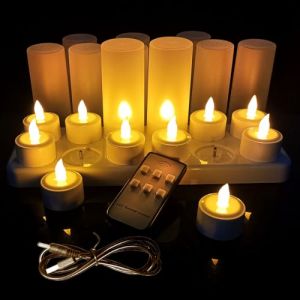 QSPORTPEAK Bougies à LED rechargeables USB, 12 bougies rechargeables LED Bougies à piles sans flamme avec station de charge, câble USB et tasses à bougies pour Pour Décoration de Noël, Halloween (QSPORTPEAK Direct, neuf)