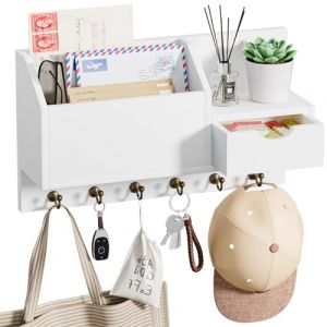Porte-clés, support mural avec 6 crochets et tiroir de rangement, planche à clés en bois, étagère murale pour porte-clés, organiseur pour entrée, salon, couloir, bureau (blanc) (KUSUSTORSUP, neuf)